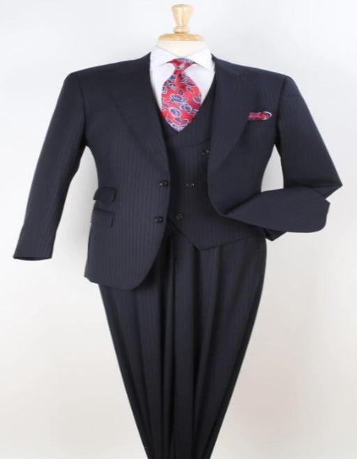 Classic Wool Fabric Fit - Pleated Pant - Peak Lapel With Double Breasted Vest - Athletic Fit Dark Navy with Blue Stripe Mens Suit