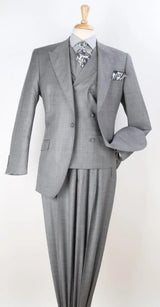 Classic Wool Fabric Fit - Pleated Pant - Peak Lapel With Double Breasted Vest - Athletic Fit Silver Mens Suit
