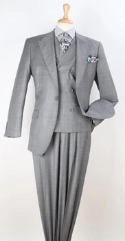 Classic Wool Fabric Fit - Pleated Pant - Peak Lapel With Double Breasted Vest - Athletic Fit Silver Mens Suit