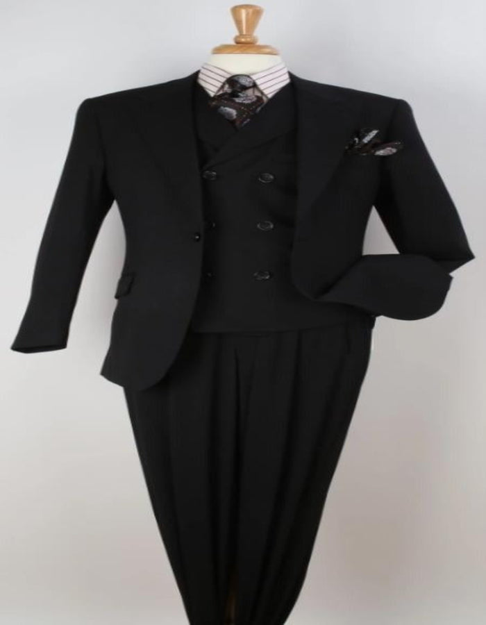 Classic Wool Fabric Fit - Pleated Pant - Peak Lapel With Double Breasted Vest - Athletic Fit Solid Mens Suit