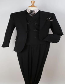 Classic Wool Fabric Fit - Pleated Pant - Peak Lapel With Double Breasted Vest - Athletic Fit Solid Mens Suit