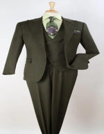 Classic Wool Fabric Fit - Pleated Pant - Peak Lapel With Double Breasted Vest - Athletic Fit Solid Olive Mens Suit