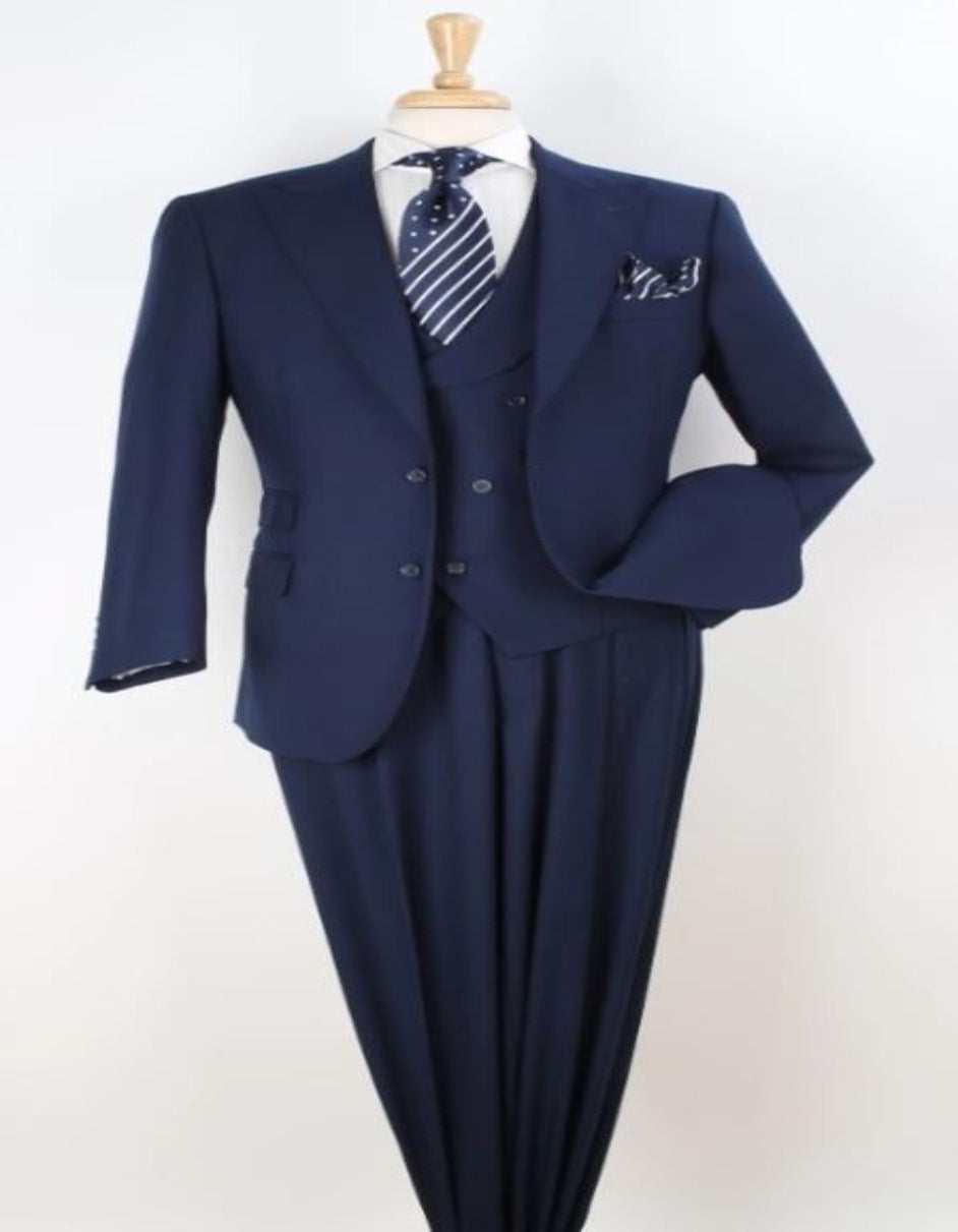 Classic Wool Fabric Fit - Pleated Pant - Peak Lapel With Double Breasted Vest - Athletic Fit Solid Solid Navy Mens Suit