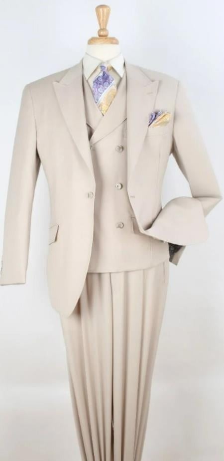Classic Wool Fabric Fit - Pleated Pant - Peak Lapel With Double Breasted Vest - Athletic Fit Solid