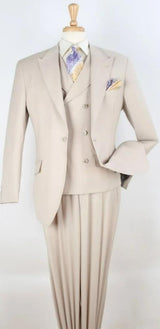 Classic Wool Fabric Fit - Pleated Pant - Peak Lapel With Double Breasted Vest - Athletic Fit Solid