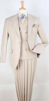 Classic Wool Fabric Fit - Pleated Pant - Peak Lapel With Double Breasted Vest - Athletic Fit Solid