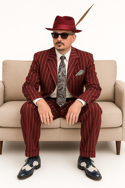 Burgundy Pinstripe Zoot Suit – 3 Piece 1920s/1930s Gangster Outfit (Jacket and Pants and Vest)  Vintage Fashion - Image 5