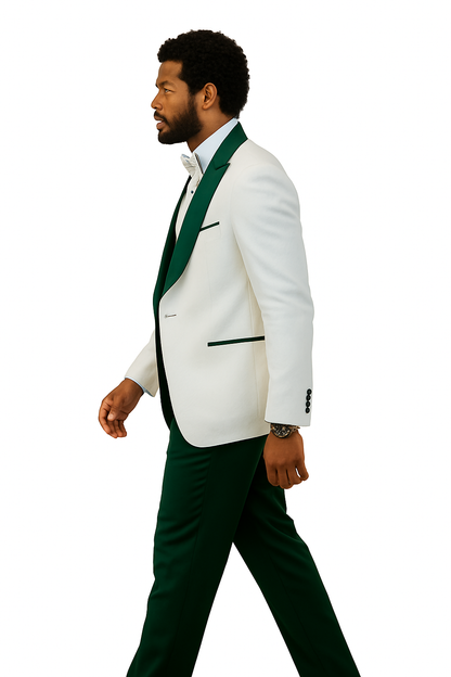 Hilton White and Hunter Green Paisley Peak Lapel Tuxedo Jacket with Matching Shawl Vest and Wool Pants – Includes Bow Tie - Image 4