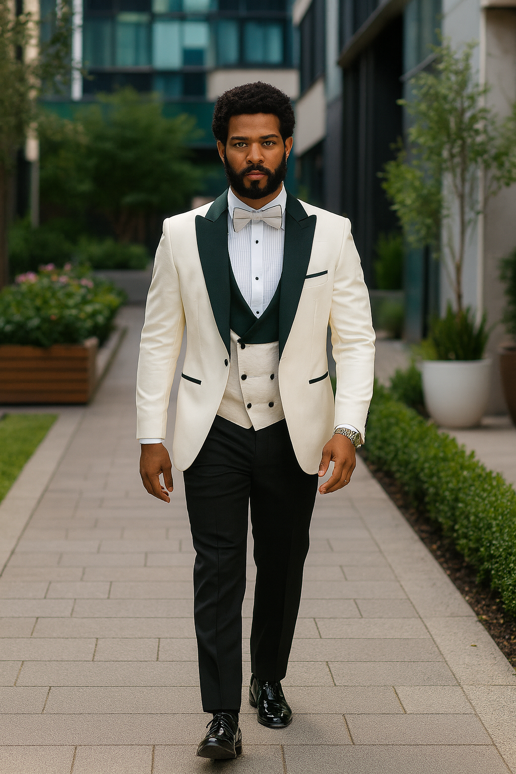 Hilton White and Black Paisley Peak Lapel Tuxedo Jacket with Matching Shawl Vest and Wool Pants – Includes Bow Tie - Image 3