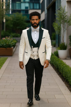 Hilton White and Black Paisley Peak Lapel Tuxedo Jacket with Matching Shawl Vest and Wool Pants – Includes Bow Tie - Image 3