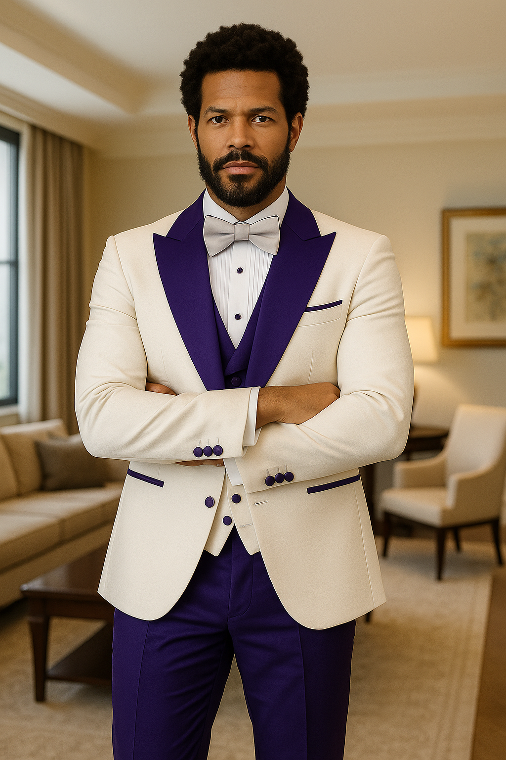 Hilton White and Purple Paisley Peak Lapel Tuxedo Jacket with Matching Shawl Vest and Wool Pants – Includes Bow Tie - Image 3