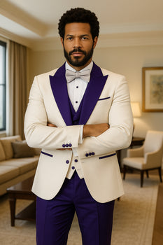 Hilton White and Purple Paisley Peak Lapel Tuxedo Jacket with Matching Shawl Vest and Wool Pants – Includes Bow Tie - Image 3