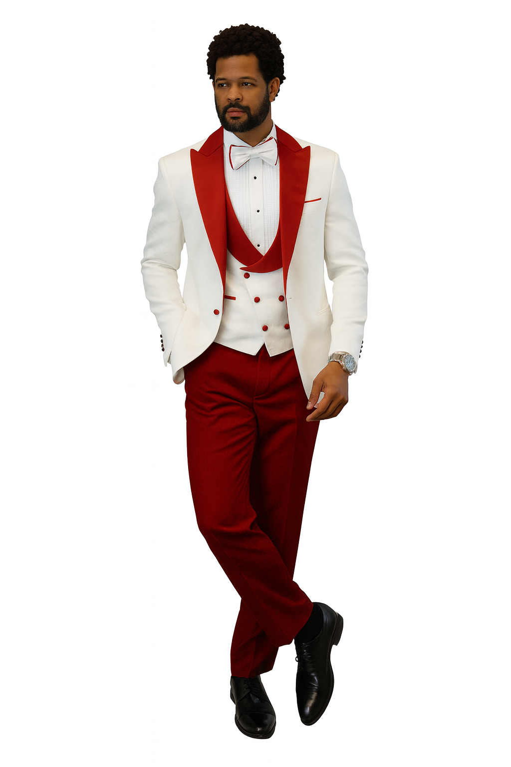 Hilton White and Red Paisley Peak Lapel Tuxedo Jacket with Matching Shawl Vest and Wool Pants – Includes Bow Tie - Image 2