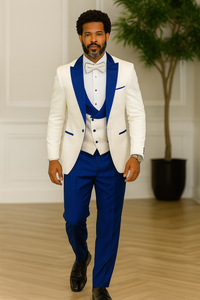 Hilton White and Royal Blue Paisley Peak Lapel Tuxedo Jacket with Matching Shawl Vest and Wool Pants – Includes Bow Tie