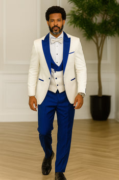 Hilton White and Royal Blue Paisley Peak Lapel Tuxedo Jacket with Matching Shawl Vest and Wool Pants – Includes Bow Tie - Image 3
