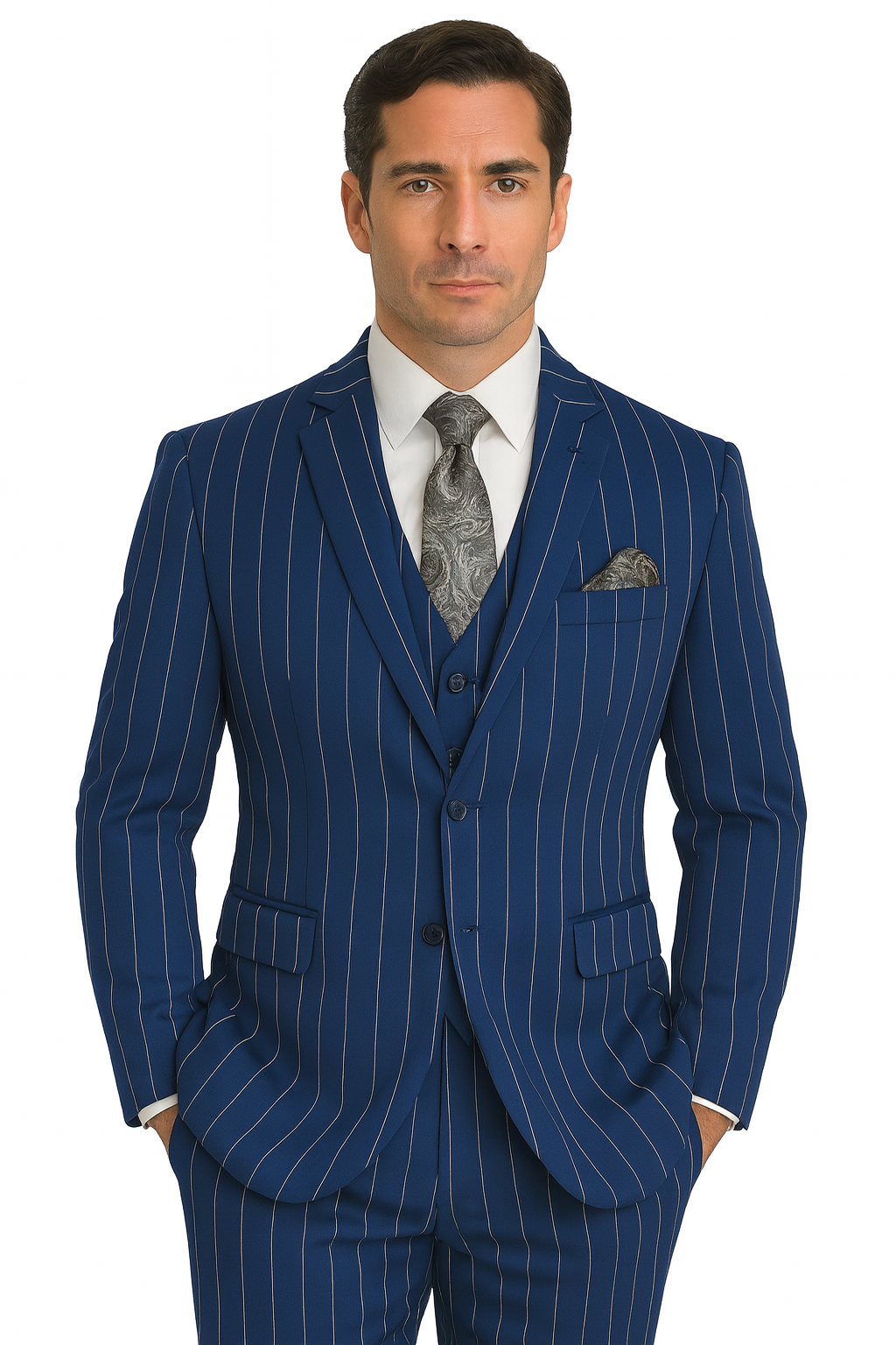 Men's Bold Gangster 1920s Vintage Navy Blue ~ White Gangster Bold Stripe 2 Buttons Vested Dress Suit for Men - Image 6