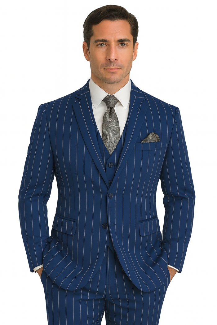 Men's Bold Gangster 1920s Vintage Navy Blue ~ White Gangster Bold Stripe 2 Buttons Vested Dress Suit for Men - Image 6