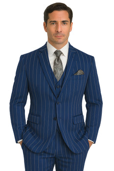 Men's Bold Gangster 1920s Vintage Navy Blue ~ White Gangster Bold Stripe 2 Buttons Vested Dress Suit for Men - Image 6