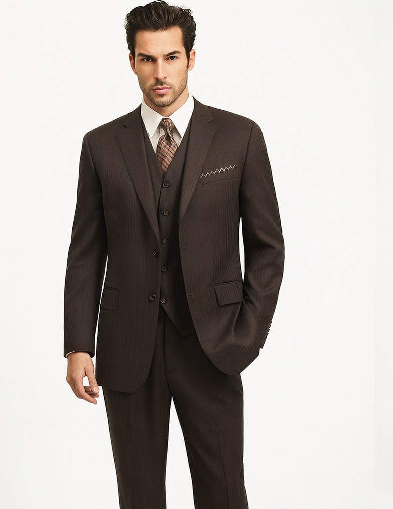 2 Button Vested 3 Piece Tan Beige Pinstripe Suit main image 0