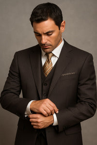 Classic Vested 3 Pieces 2 Button Dark Brown Stripe ~ Pinstripe Men's Suit  Discounted Sale