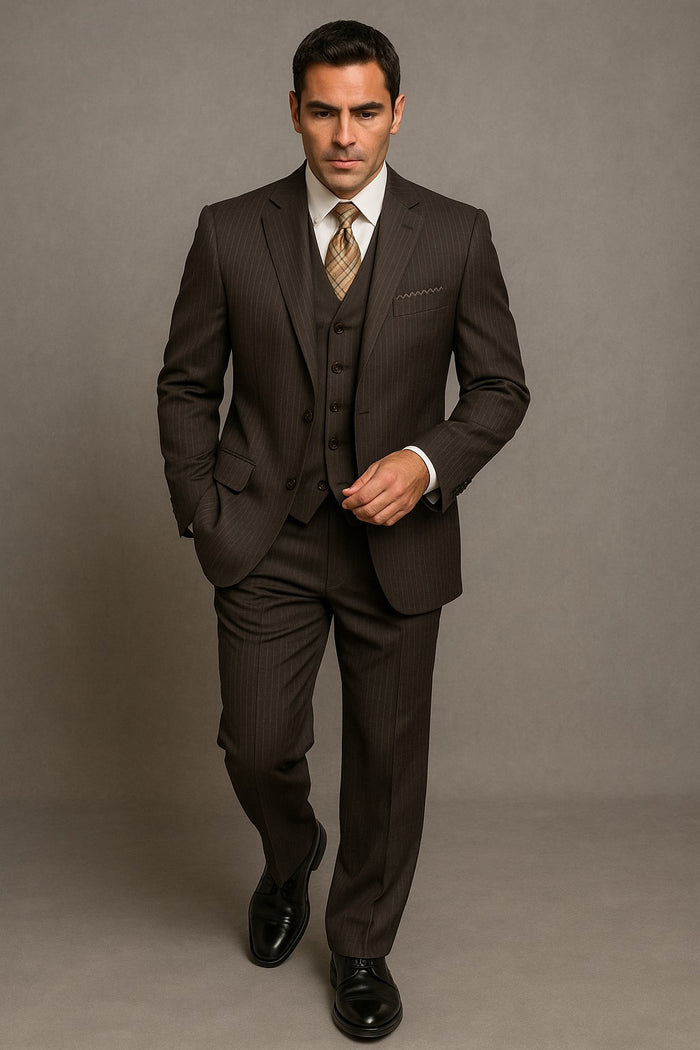 Classic Vested 3 Pieces 2 Button Dark Brown Stripe ~ Pinstripe Men's Suit  Discounted Sale - Image 7