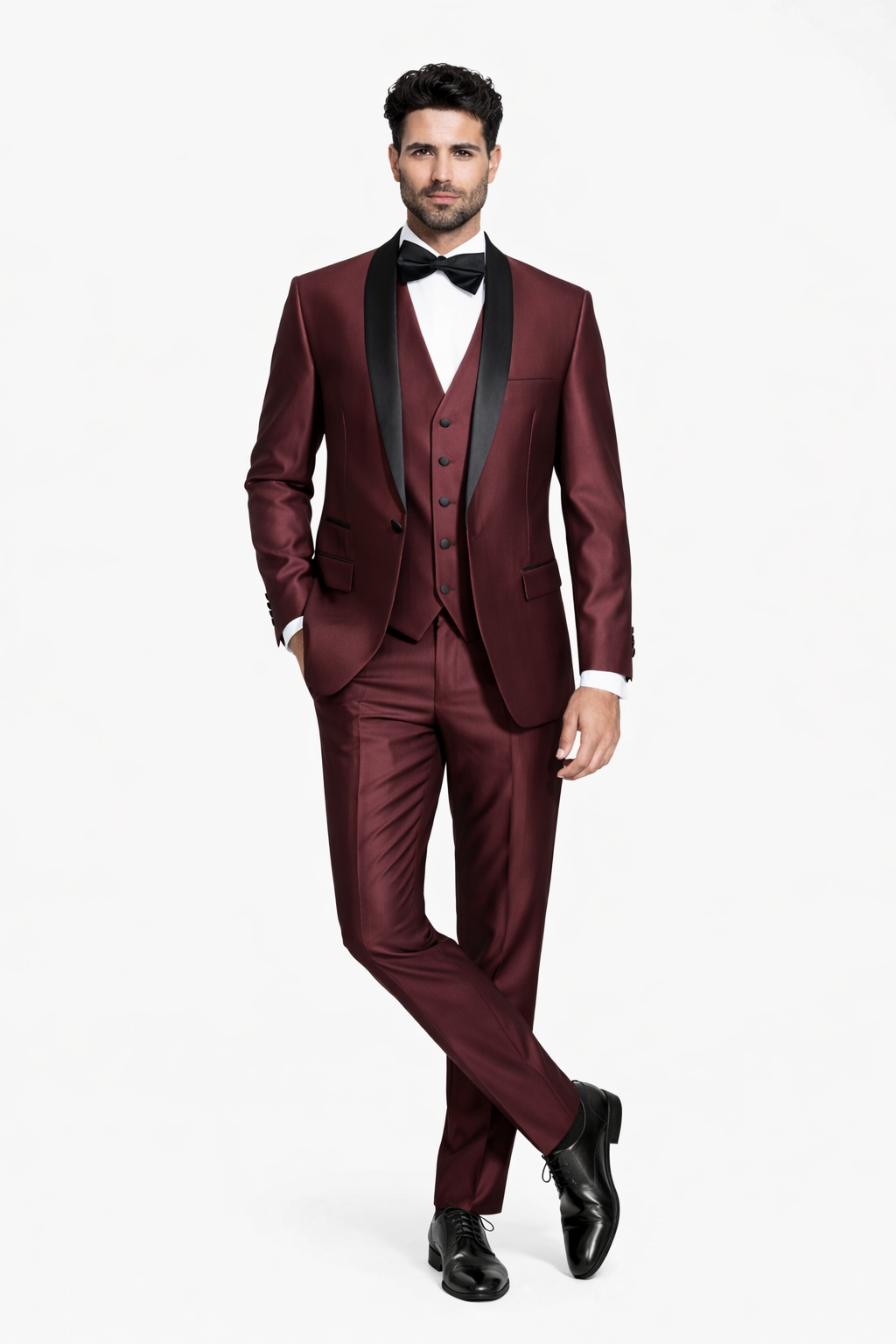 Burgundy Shiny Tuxedo Vested Suit - Sateen Sharkskin Fabric Groom Suit - Image 8