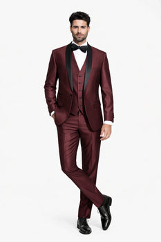 Burgundy Shiny Tuxedo Vested Suit - Sateen Sharkskin Fabric Groom Suit - Image 8
