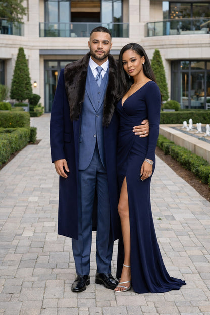 Dark Navy Blue Overcoat ~ Long Men's Dress Topcoat -  Winter coat With Fur Collar in and Fabric - Image 5