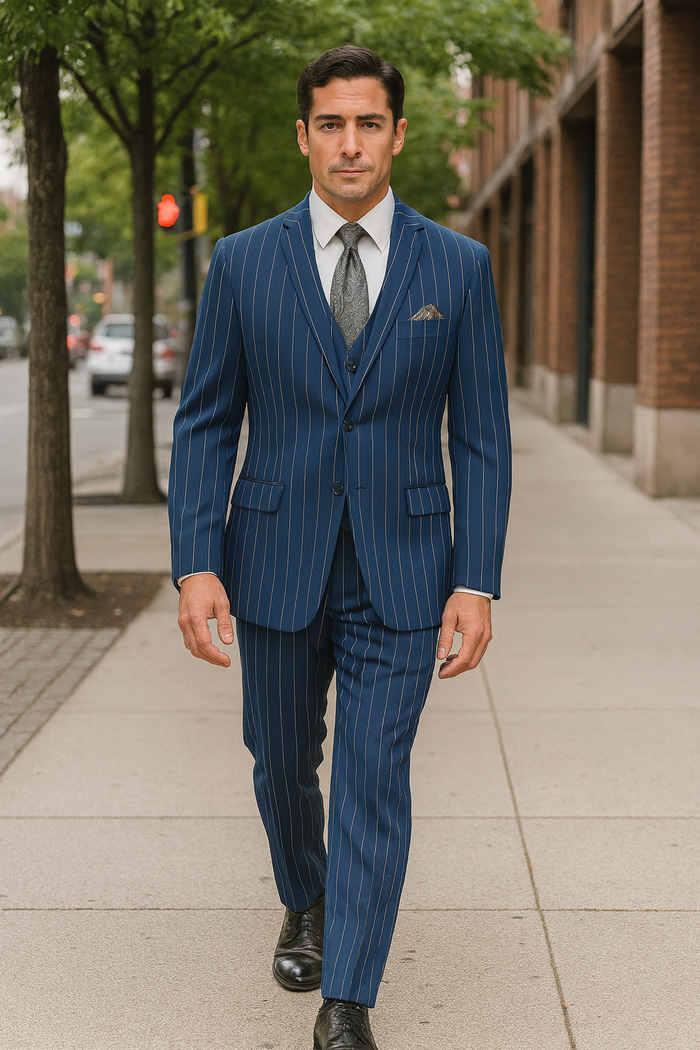 Men's Bold Gangster 1920s Vintage Navy Blue ~ White Gangster Bold Stripe 2 Buttons Vested Dress Suit for Men - Image 3