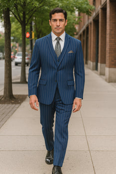 Men's Bold Gangster 1920s Vintage Navy Blue ~ White Gangster Bold Stripe 2 Buttons Vested Dress Suit for Men - Image 3