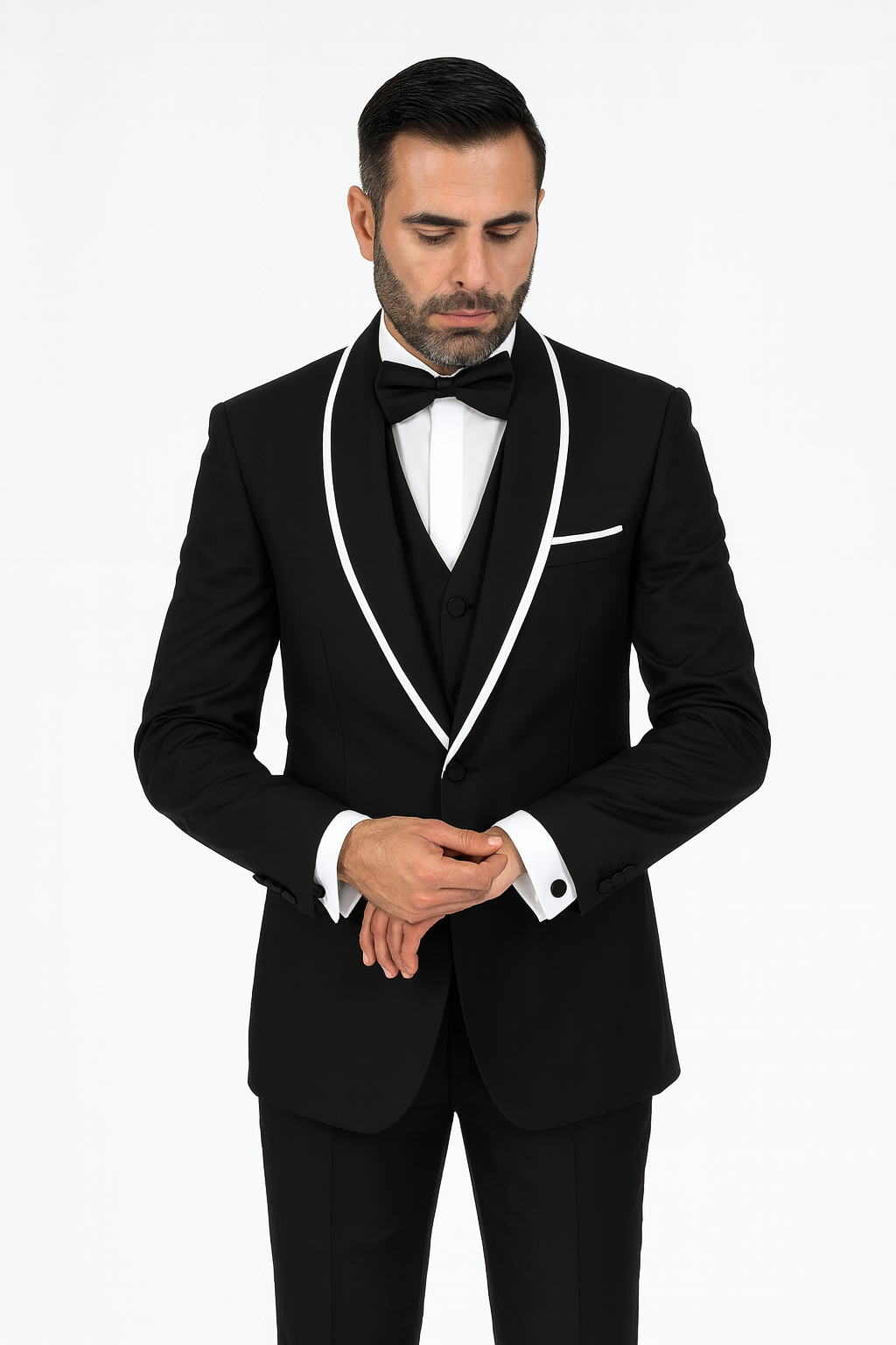 Men's Trimmed Shawl Lapel Blazer Dinner Jacket Black Vested Sport Coat - Image 2