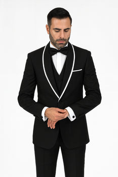 Men's Trimmed Shawl Lapel Blazer Dinner Jacket Black Vested Sport Coat - Image 2