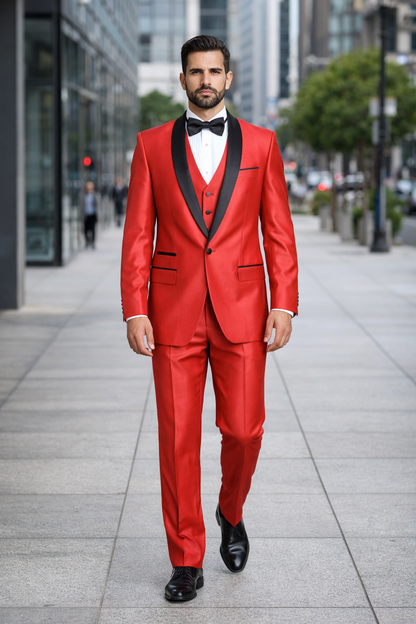 Red Shiny Tuxedo Vested Suit - Sateen Sharkskin Fabric Groom Suit