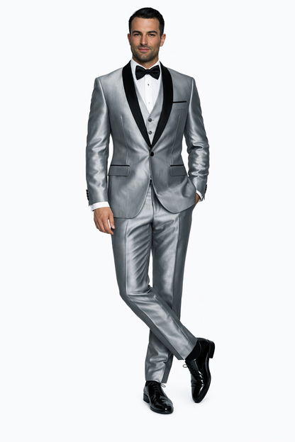Silver Shiny Tuxedo Vested Suit - Sateen Sharkskin Fabric Groom Suit
