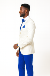 White and Royal Blue Tuxedo Wedding Suit - White Dinner Jacket + Vest + Pants + Bow-tie