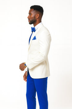 White and Royal Blue Tuxedo Wedding Suit - White Dinner Jacket + Vest + Pants + Bow-tie White and Royal Blue / 44 Long Jacket+38 Waist Adjust 34 to 40 White and Royal Blue Tuxedo Wedding Suit - White Dinner Jacket + Vest + Pants + Bow-tie White and Royal Blue / 44 Long Jacket+38 Waist Adjust 34 to 40