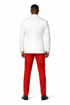 White and Red Tuxedo Wedding Suit - White Dinner Jacket + Vest + Pants + Bow-tie
