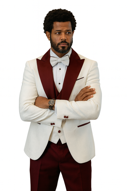 Hilton White and Burgundy Paisley Peak Lapel Tuxedo Jacket with Matching Shawl Vest and Wool Pants – Includes Bow Tie - Image 2