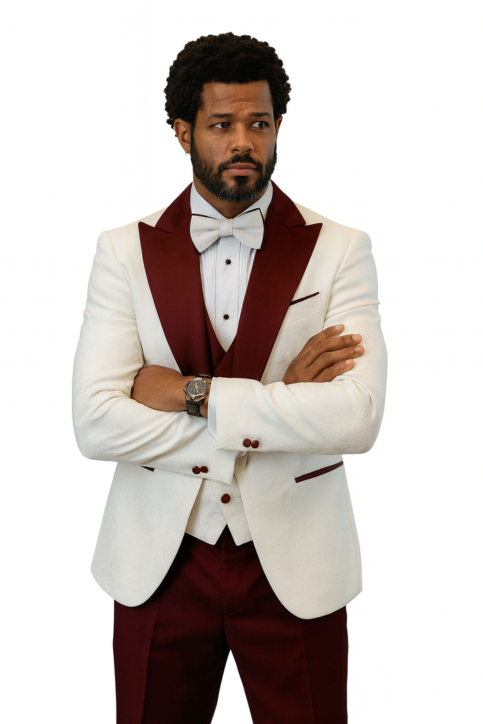 Hilton White and Burgundy Paisley Peak Lapel Tuxedo Jacket with Matching Shawl Vest and Wool Pants – Includes Bow Tie - Image 2