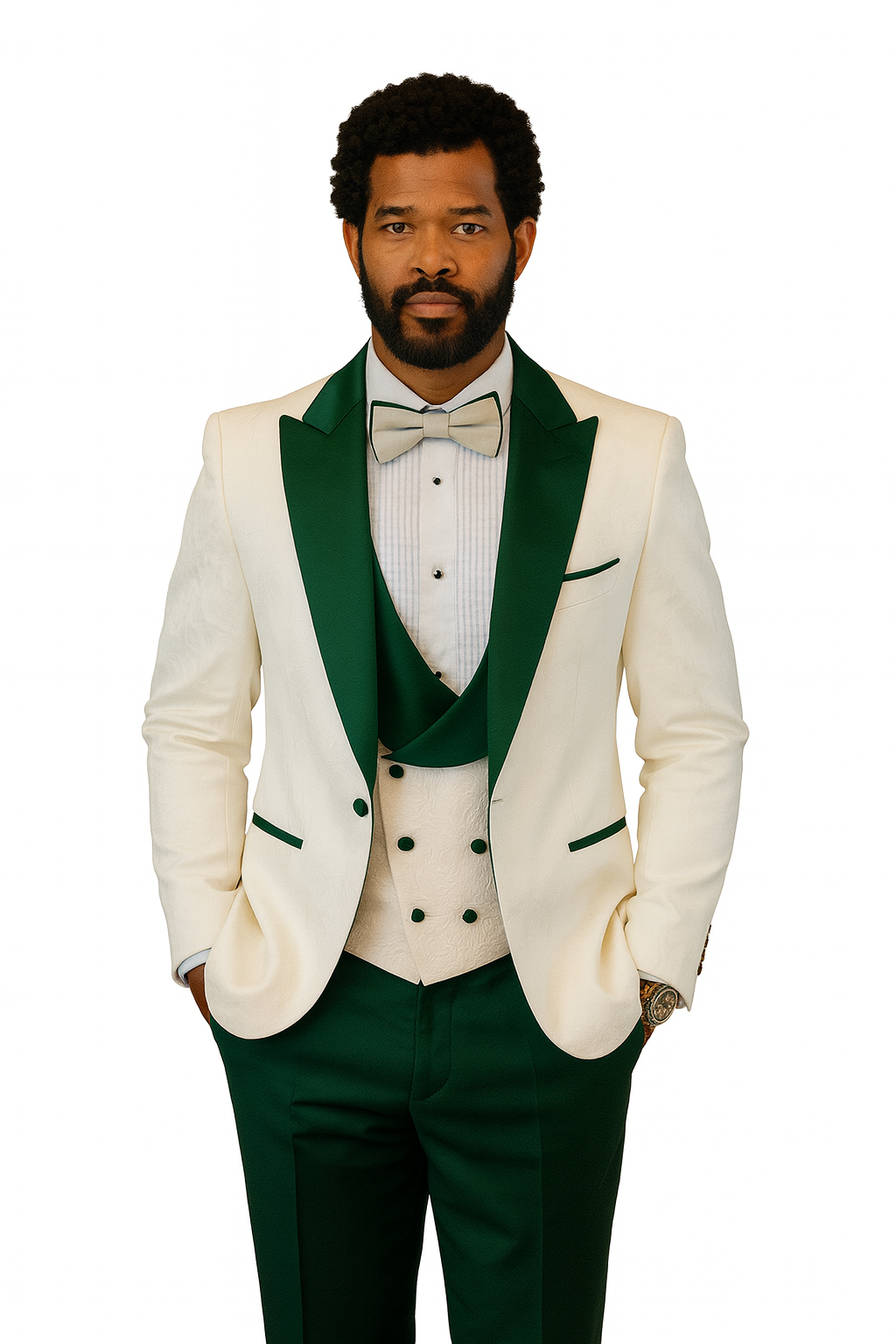 Hilton White and Hunter Green Paisley Peak Lapel Tuxedo Jacket with Matching Shawl Vest and Wool Pants – Includes Bow Tie - Image 8