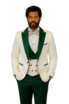 Hilton White and Hunter Green Paisley Peak Lapel Tuxedo Jacket with Matching Shawl Vest and Wool Pants – Includes Bow Tie - Image 8