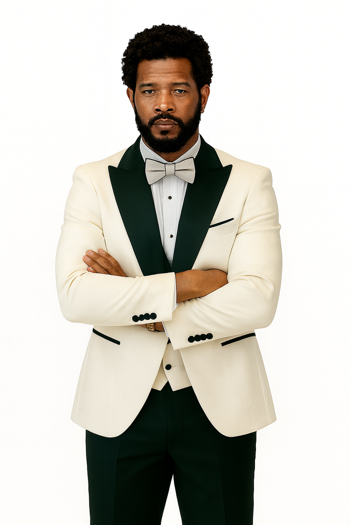 Hilton White and Black Paisley Peak Lapel Tuxedo Jacket with Matching Shawl Vest and Wool Pants – Includes Bow Tie - Image 4