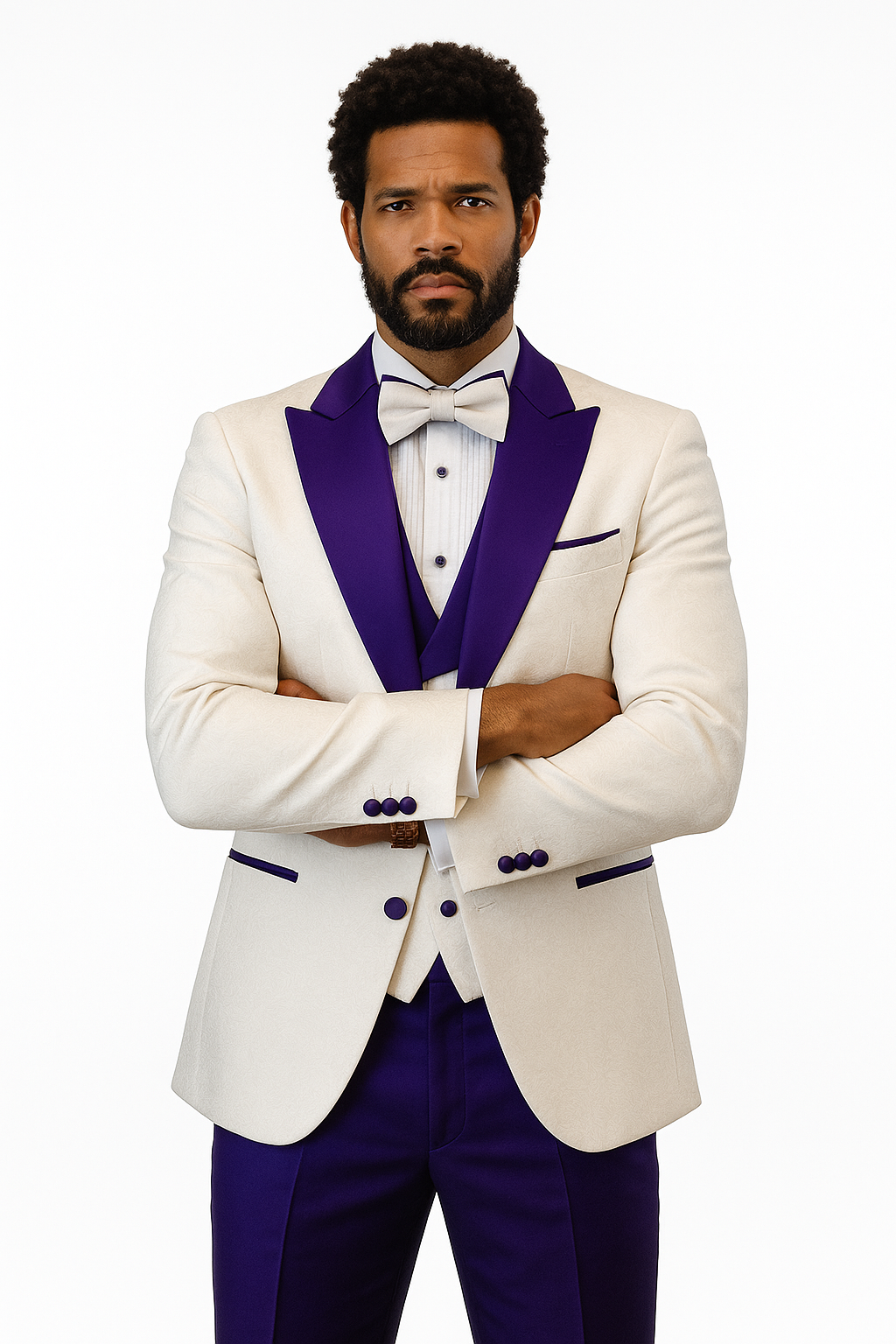 Hilton White and Purple Paisley Peak Lapel Tuxedo Jacket with Matching Shawl Vest and Wool Pants – Includes Bow Tie - Image 5
