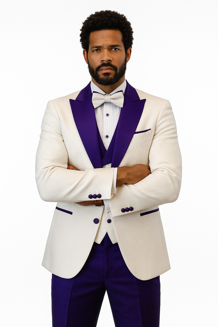 Hilton White and Purple Paisley Peak Lapel Tuxedo Jacket with Matching Shawl Vest and Wool Pants – Includes Bow Tie - Image 5