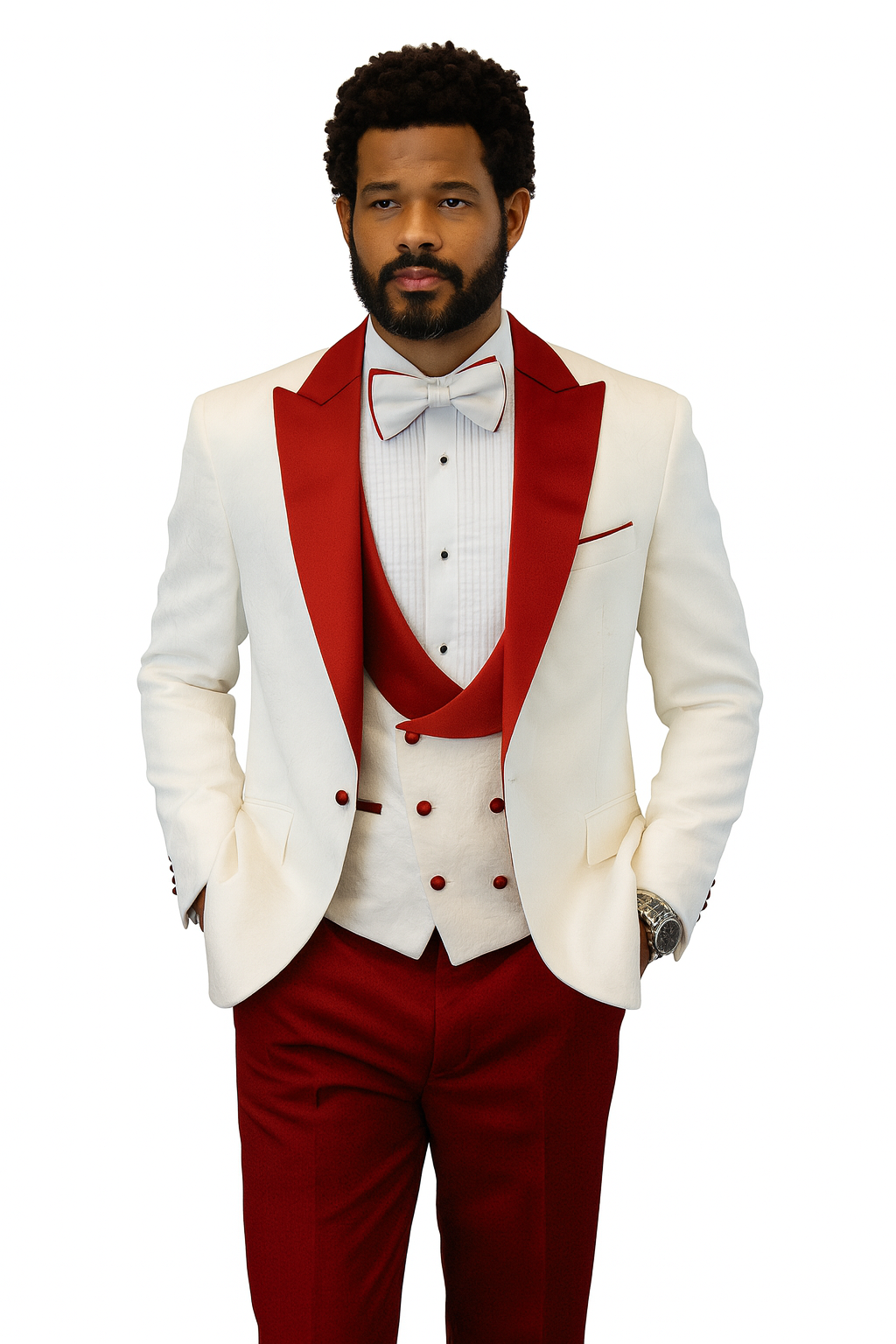 Hilton White and Red Paisley Peak Lapel Tuxedo Jacket with Matching Shawl Vest and Wool Pants – Includes Bow Tie - Image 4