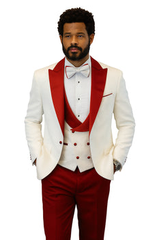 Hilton White and Red Paisley Peak Lapel Tuxedo Jacket with Matching Shawl Vest and Wool Pants – Includes Bow Tie - Image 4