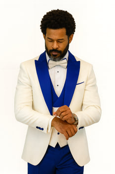 Hilton White and Royal Blue Paisley Peak Lapel Tuxedo Jacket with Matching Shawl Vest and Wool Pants – Includes Bow Tie - Image 4