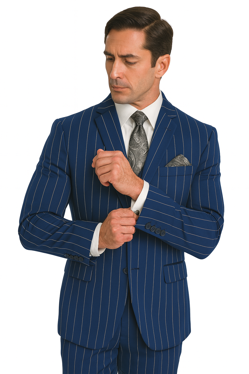 Men's Bold Gangster 1920s Vintage Navy Blue ~ White Gangster Bold Stripe 2 Buttons Vested Dress Suit for Men - Image 8