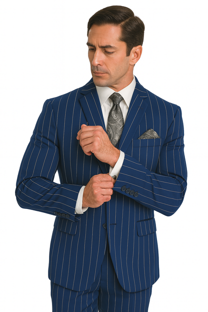 Men's Bold Gangster 1920s Vintage Navy Blue ~ White Gangster Bold Stripe 2 Buttons Vested Dress Suit for Men - Image 8