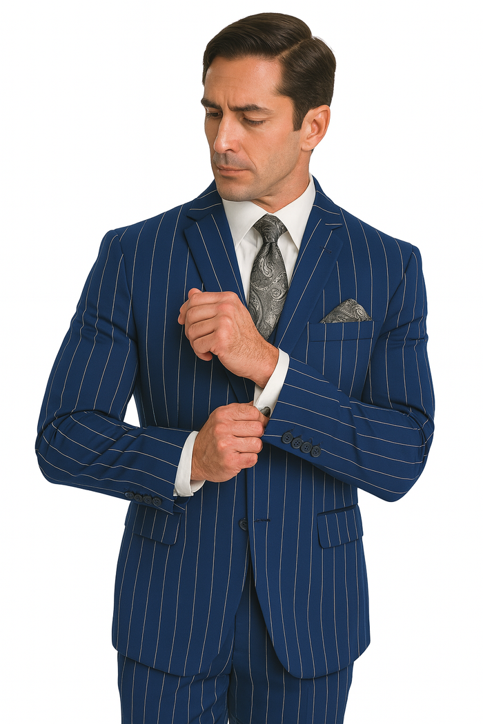Men's Bold Gangster 1920s Vintage Navy Blue ~ White Gangster Bold Stripe 2 Buttons Vested Dress Suit for Men - Image 8